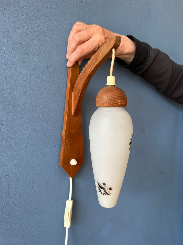 Teak Wood Wall Lamp - Danish Opaline Glass Wall Light - Mid Century Sconce