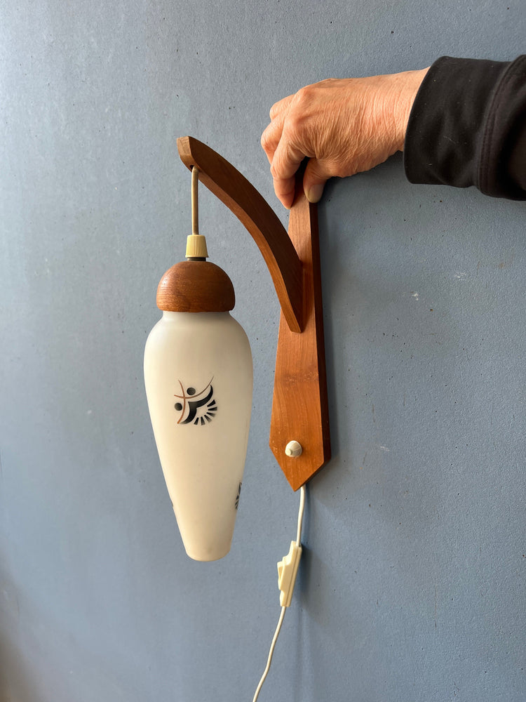 Teak Wood Wall Lamp - Danish Opaline Glass Wall Light - Mid Century Sconce
