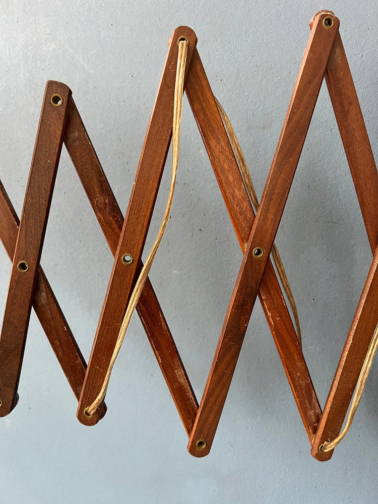 Danish Style Teak Wood Scissor Wall Lamp with Beige Shade and Black Decorative Pattern