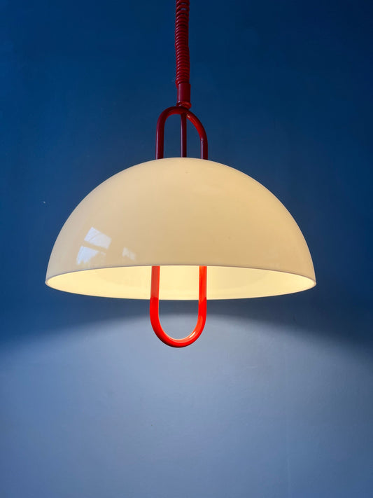 Massive Red Frame Pendant Lamp with White Plexiglass Shade