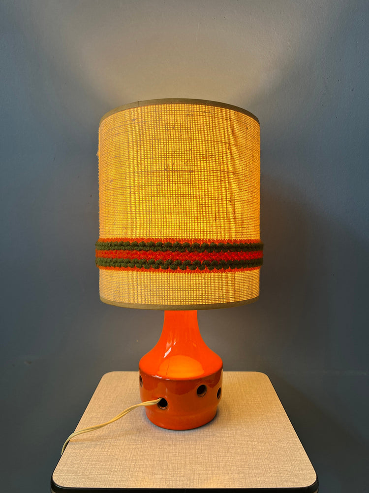 Orange Ceramic Table Lamp - Space Age Desk Light - Textile Shade - 70s Lighting