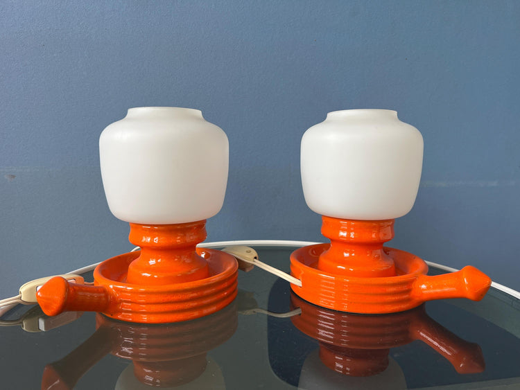 Vintage Set (2) of Orange Ceramic Opaline Glass Table Lamps