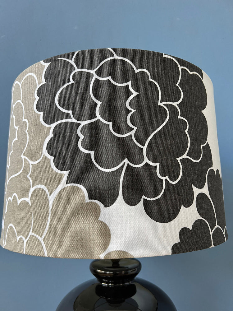 Small Space Age Table Lamp with Porcelain Base and Black and White Flower Shade