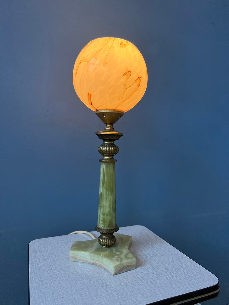 Art Deco Table Lamp - Pink Glass Desk Light - Green Marble Base - Decorative Gold