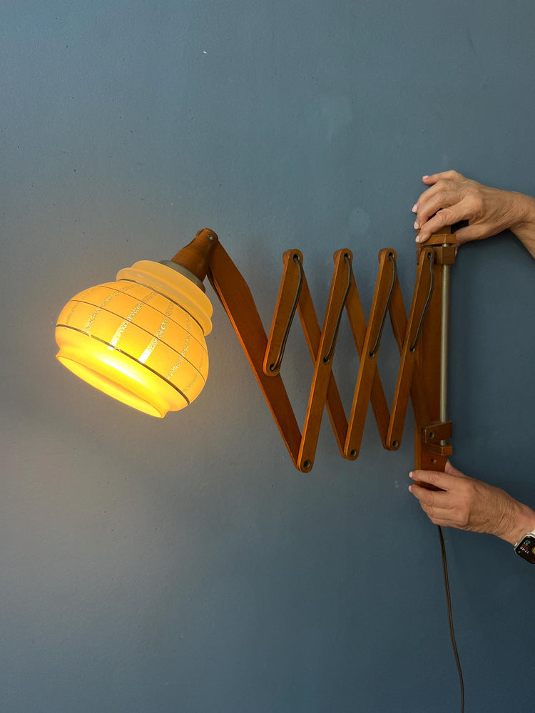 Teak Wood Scissor Wall Lamp with Glass Shade