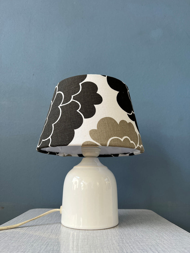 Small Space Age Table Lamp with Porcelain Base and Black and White Flower Shade