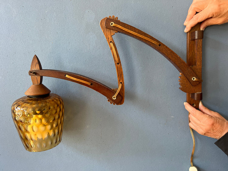 Mid Century Teak Wall Lamp - Glass Wall Light - Adjustable Sconce
