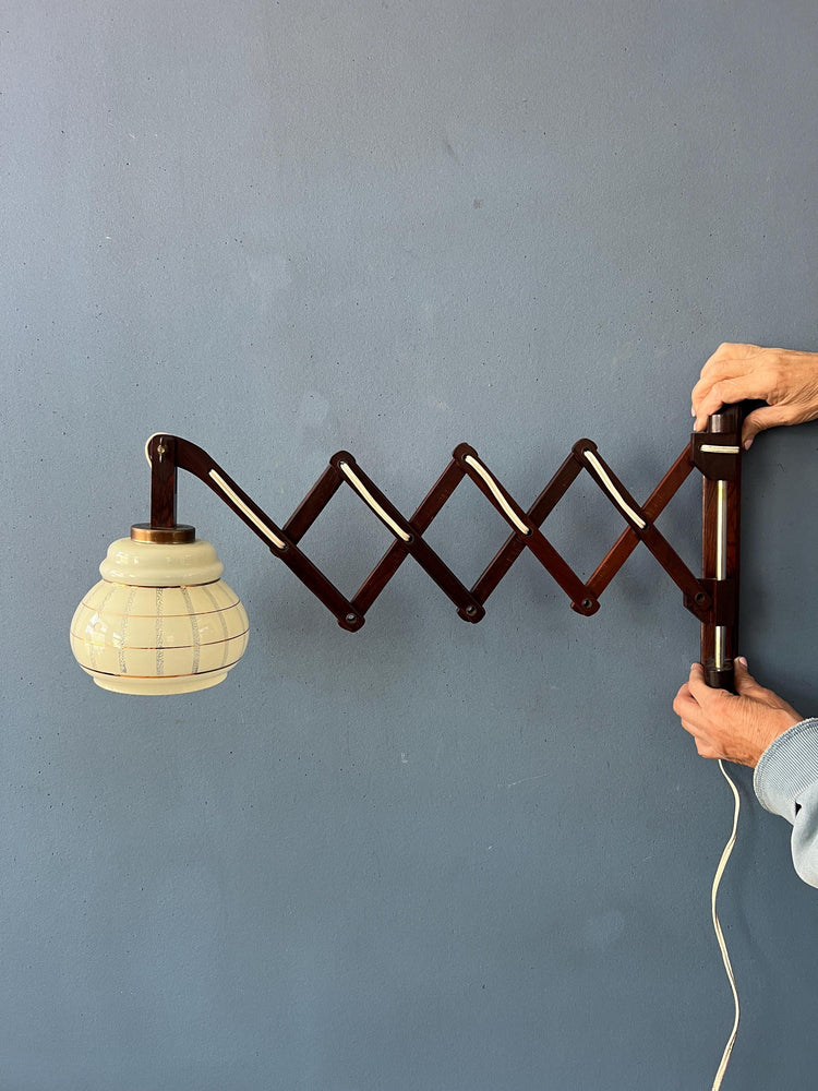 Vintage Glass Shade Teak Wood Scissor Wall Lamp
