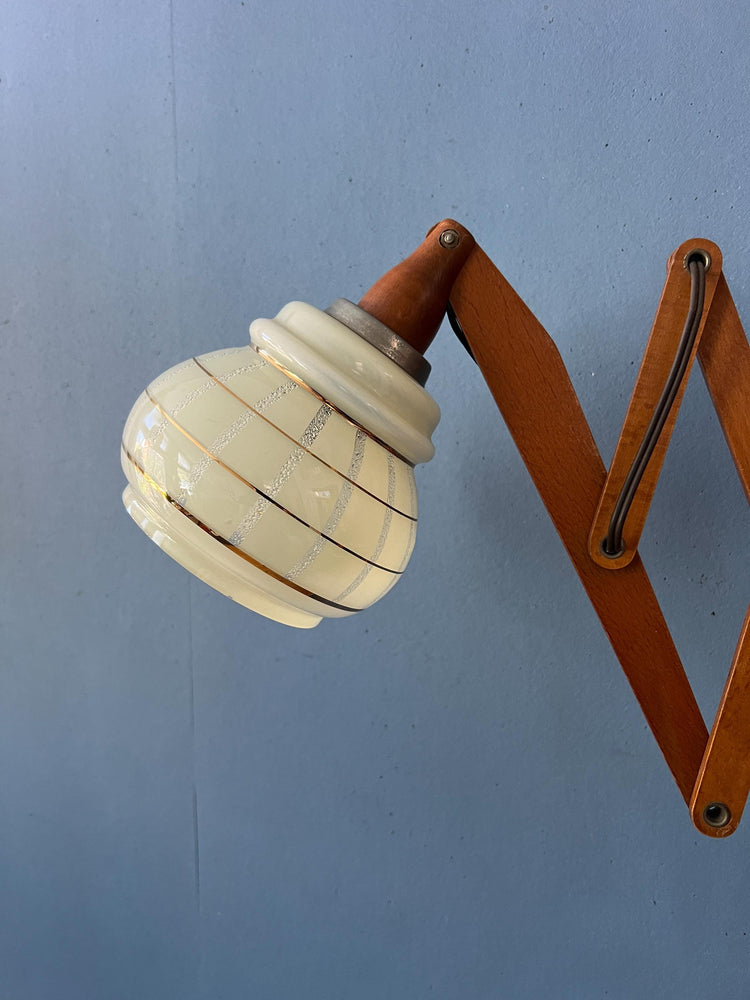 Teak Wood Scissor Wall Lamp with Glass Shade