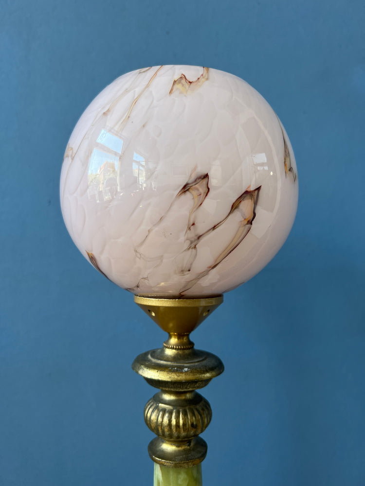 Art Deco Table Lamp - Pink Glass Desk Light - Green Marble Base - Decorative Gold