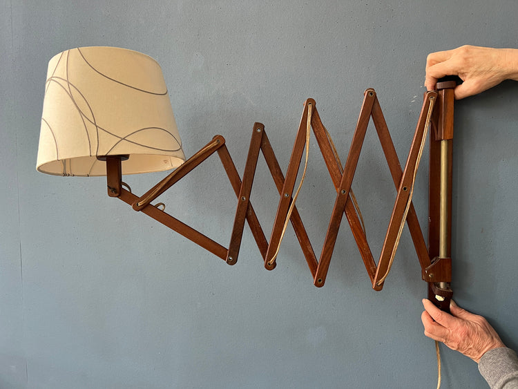 Danish Style Teak Wood Scissor Wall Lamp with Beige Shade and Black Decorative Pattern