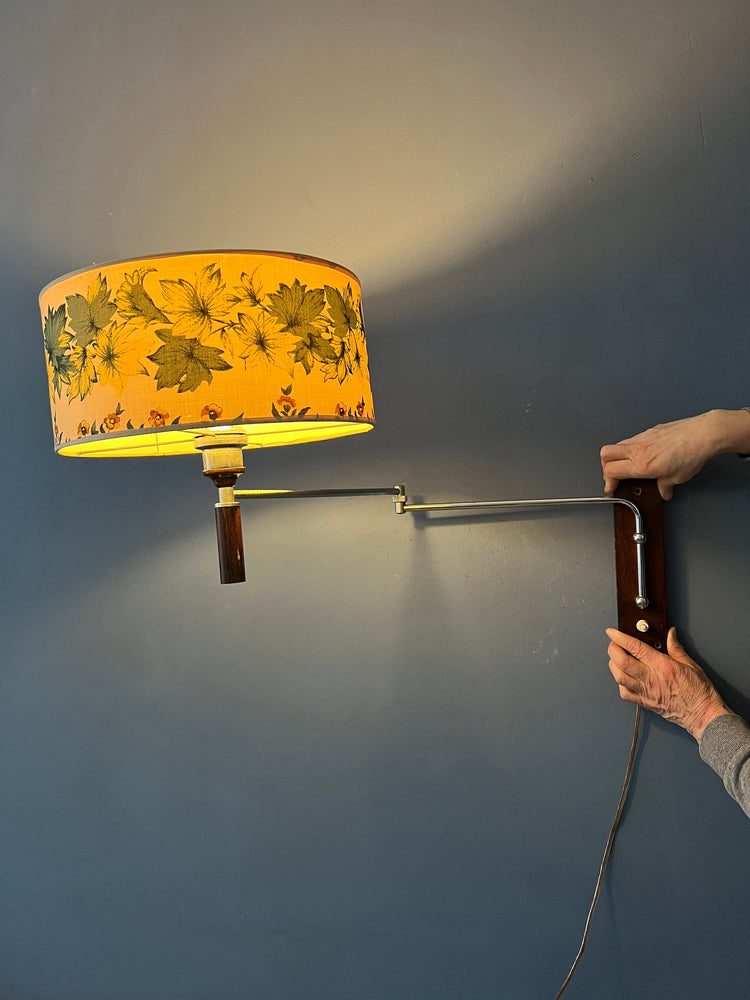 Wood Mid Century Swing Arm with Flower Patterned Shade