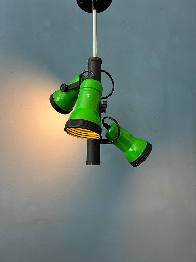 Vintage Downrod Ceiling Lamp with Three Green Spots