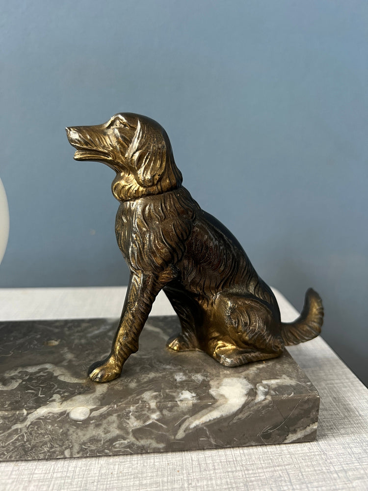 Art Deco Table Lamp with Opaline Glass Moon Shade and Dog Figure
