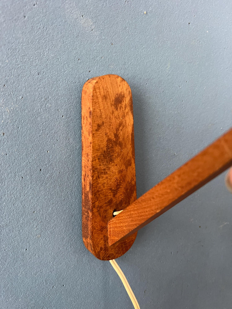 Mid Century Opaline Glass Teak Wood Rod Wall Lamp