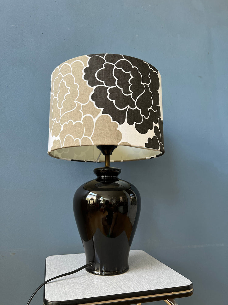 Small Space Age Table Lamp with Porcelain Base and Black and White Flower Shade