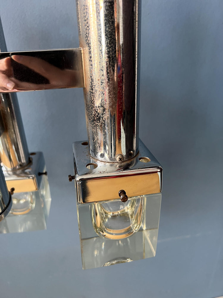 Chrome Vintage Sputnik Space Age Chandelier with Cube Clear Glass Shades