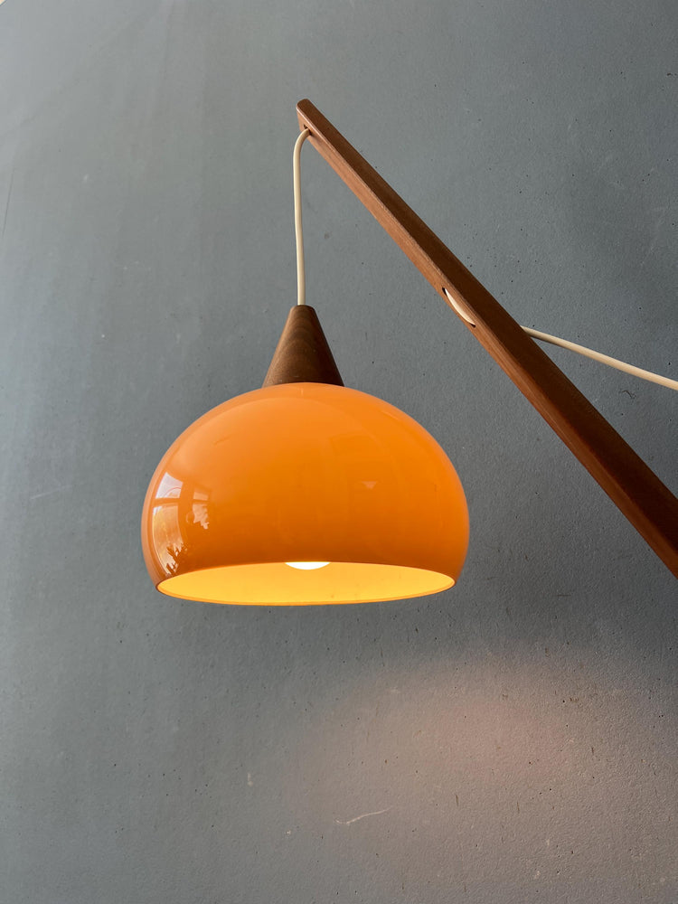 Danish Teak Wood Fishing Rod Wall Lamp with Plexiglass Mushroom Shade