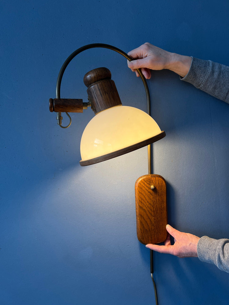 Flexible Steinhauer Mushroom Arc Wall Lamp with Wooden Frame and Plexiglass Shade