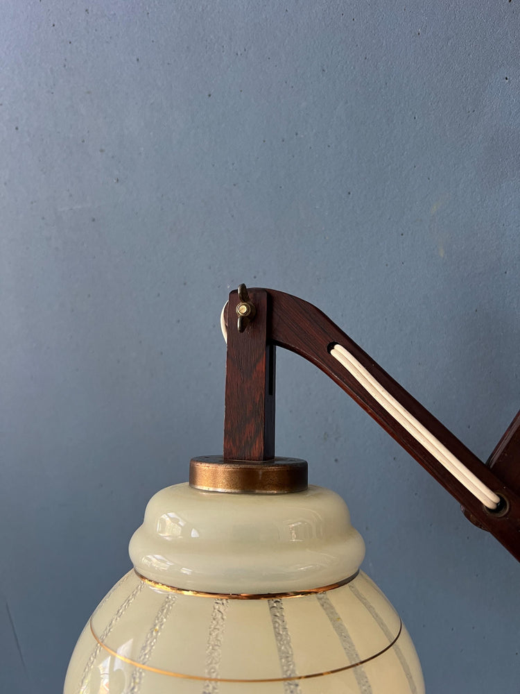 Vintage Glass Shade Teak Wood Scissor Wall Lamp