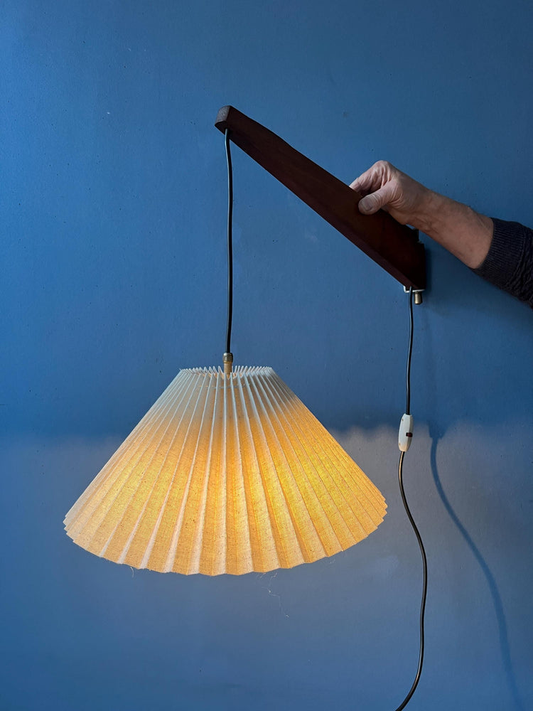 Mid Century Teak Wood Fishing Rod Wall Lamp with Pleated Shade