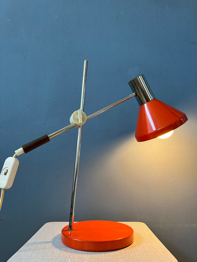 Red Mid Century Desk Lamp - Swing Arm Table Lamp - Chrome Space Age Light