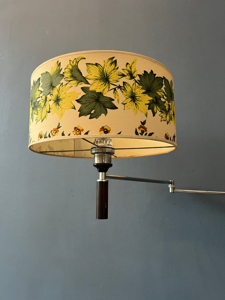 Wood Mid Century Swing Arm with Flower Patterned Shade