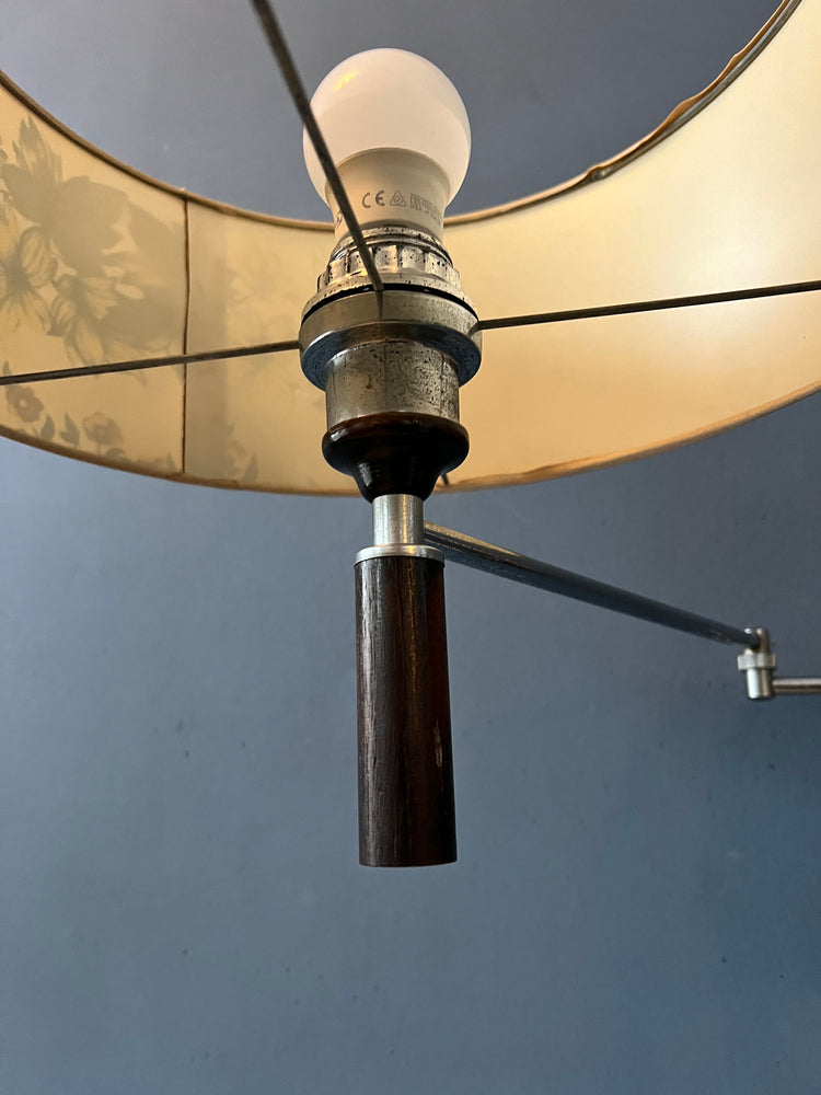 Wood Mid Century Swing Arm with Flower Patterned Shade