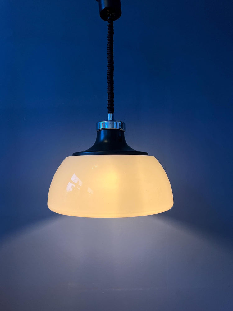 Mid Century Plexiglass Massive Space Age Pendant Lamp with White Acrylic Shade