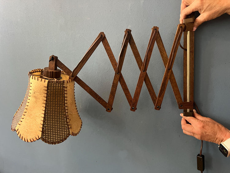 Vintage Teak Wood Scissor Wall Lamp with Traditional Fabric Shade