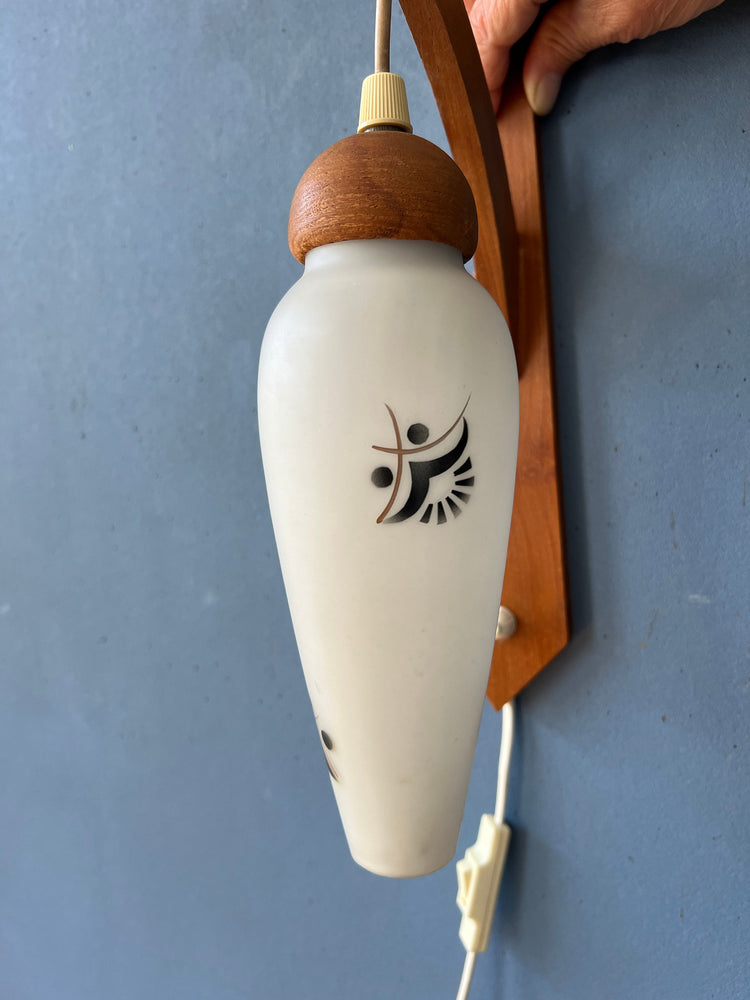 Teak Wood Wall Lamp - Danish Opaline Glass Wall Light - Mid Century Sconce