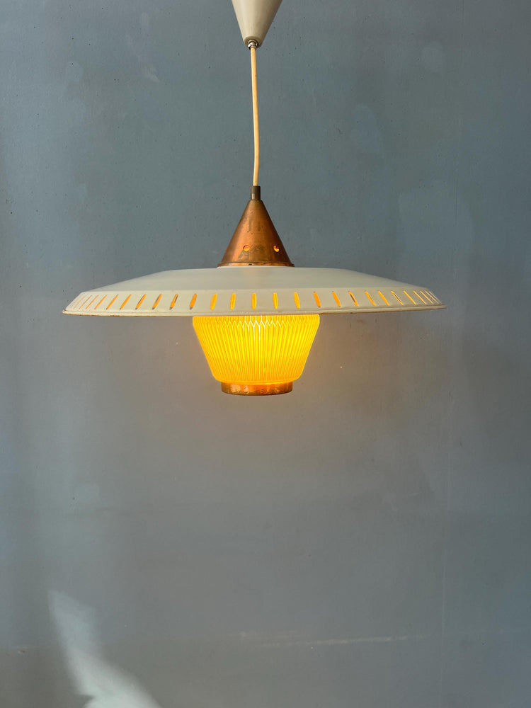 Vintage Louis Kalff Enamel Opaline Glass Pendant Lamp