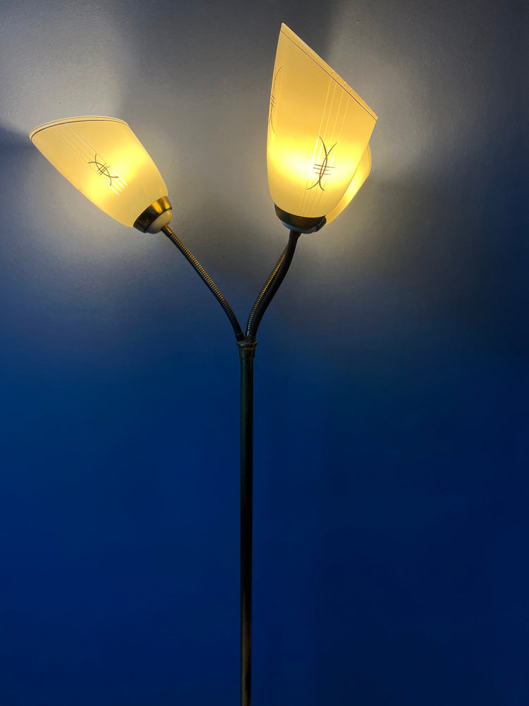 Mid Century 50s Three Arm Brass Floor Lamp with Glass Cones