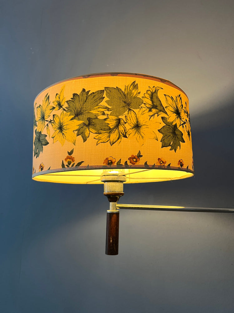 Wood Mid Century Swing Arm with Flower Patterned Shade