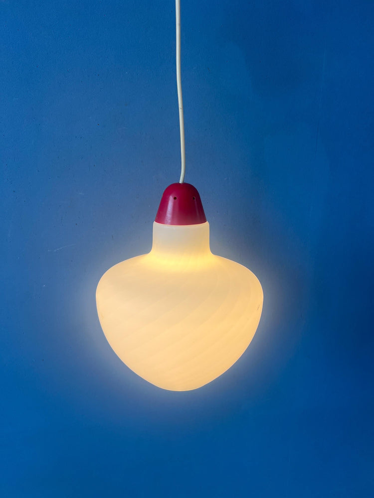 Mid Century Milk Glass Pendant Lamp with Red Top and Ceiling Cap