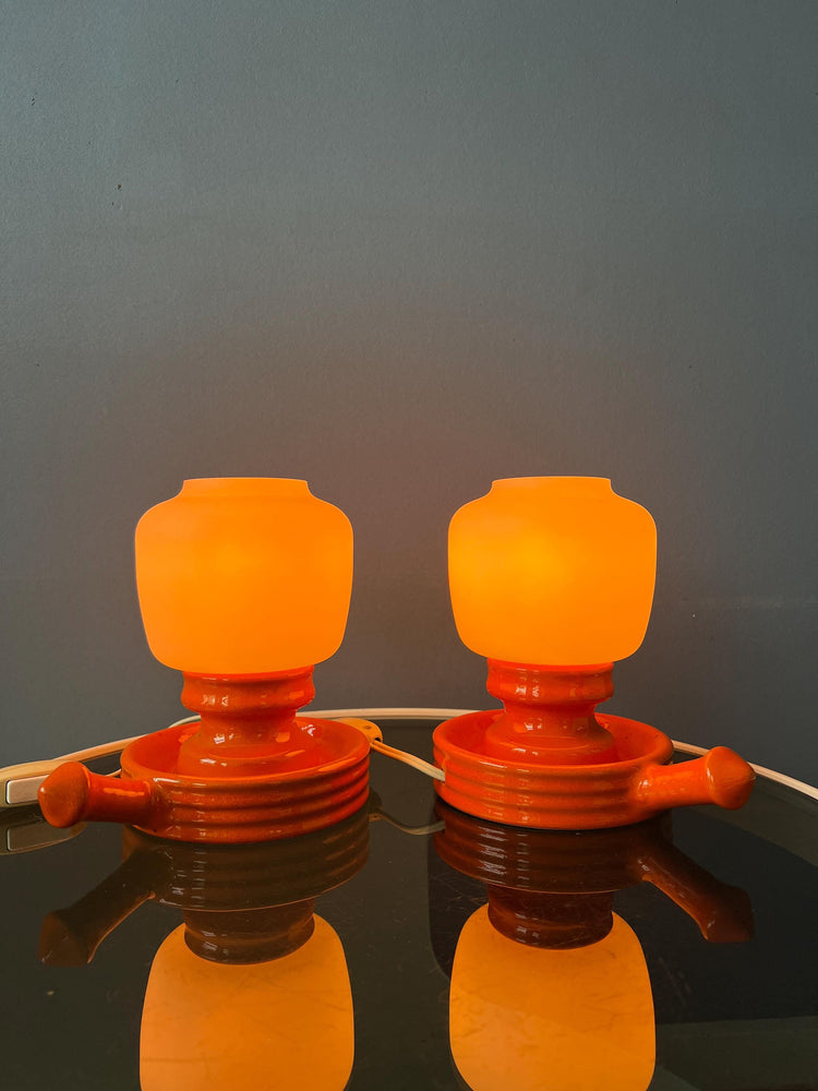 Vintage Set (2) of Orange Ceramic Opaline Glass Table Lamps