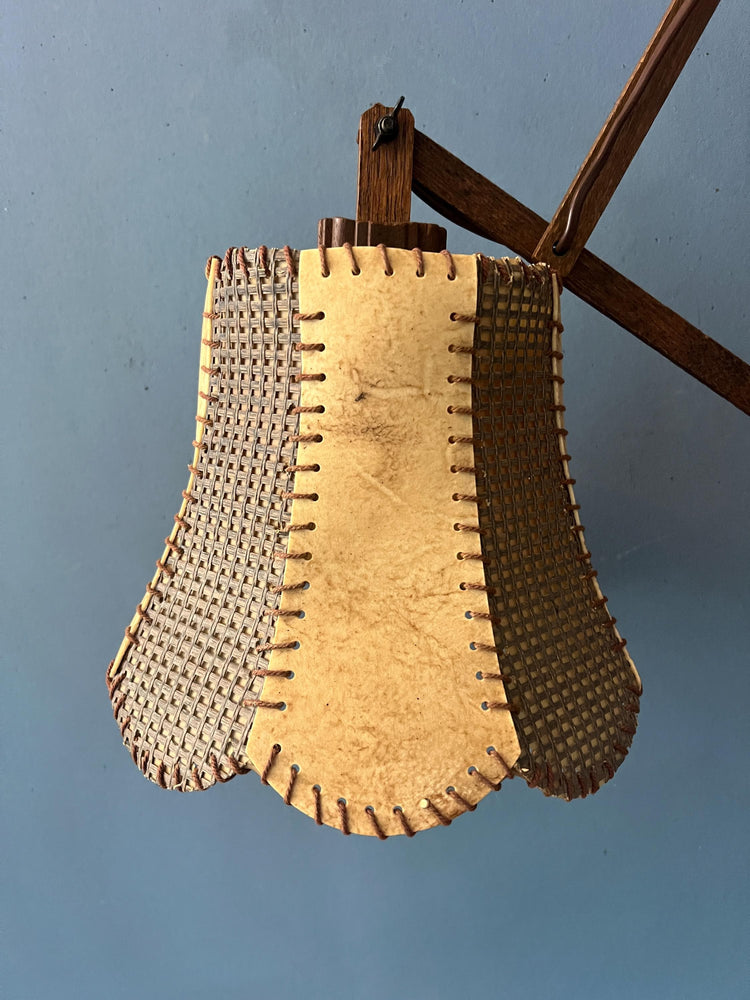 Vintage Teak Wood Scissor Wall Lamp with Traditional Fabric Shade