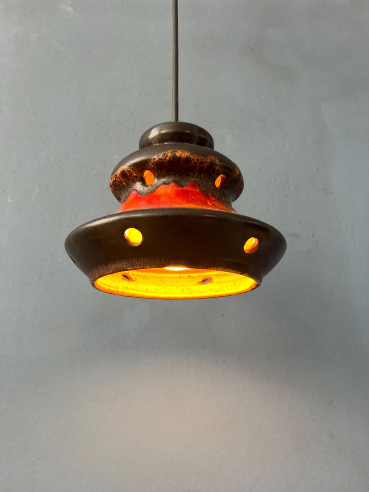 Red and Brown West Germany Ceramic Fat Lava Pendant Lamp