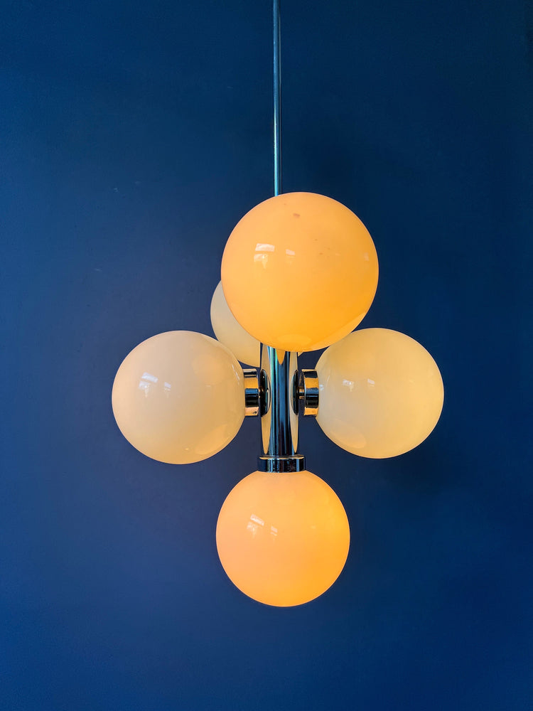 70s Sputnik Chandelier - Chrome Space Age Pendant Lamp - Opaline Glass Light Fixture