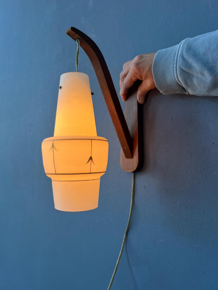 Scandinavian Opaline Glass Teak Wood Rod Wall Lamp