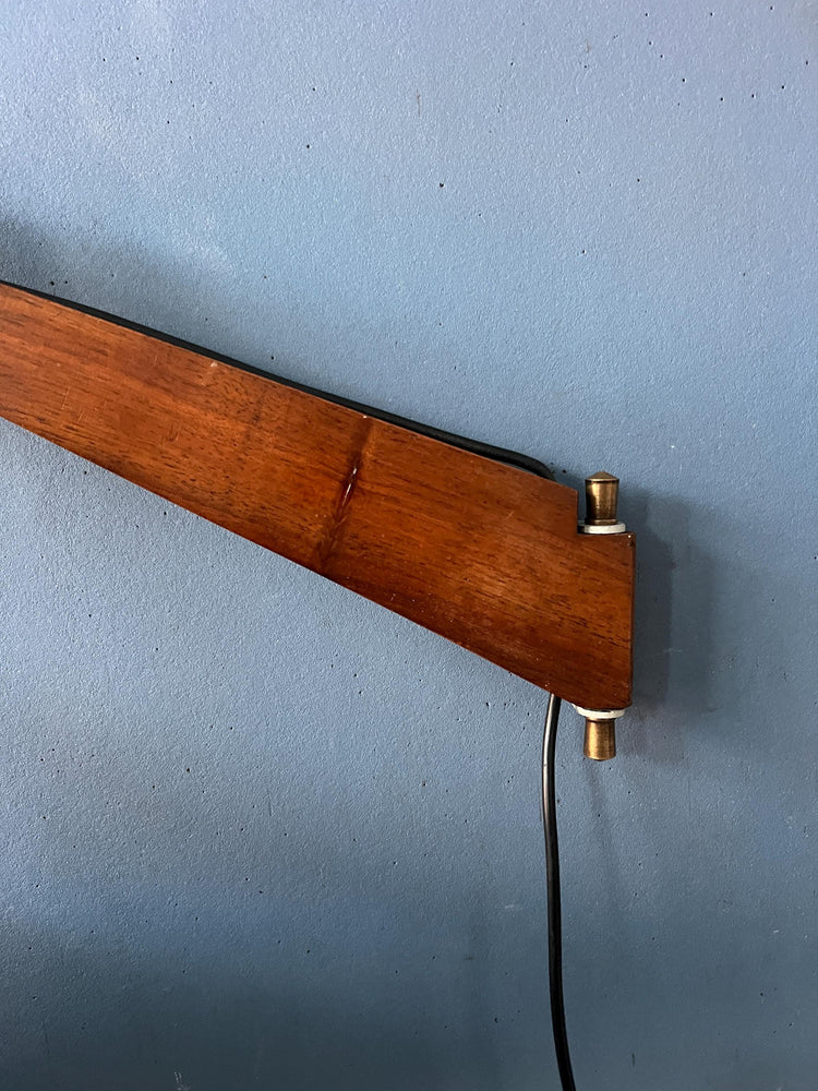 Mid Century Teak Wood Fishing Rod Wall Lamp with Pleated Shade