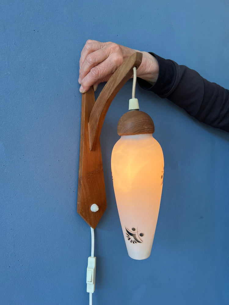 Teak Wood Wall Lamp - Danish Opaline Glass Wall Light - Mid Century Sconce