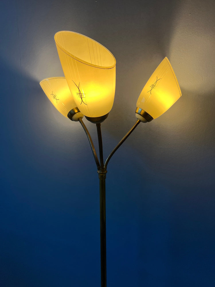 Mid Century 50s Three Arm Brass Floor Lamp with Glass Cones