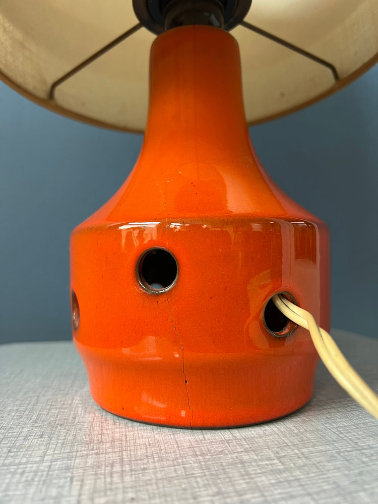 Orange Ceramic Table Lamp - Space Age Desk Light - Textile Shade - 70s Lighting