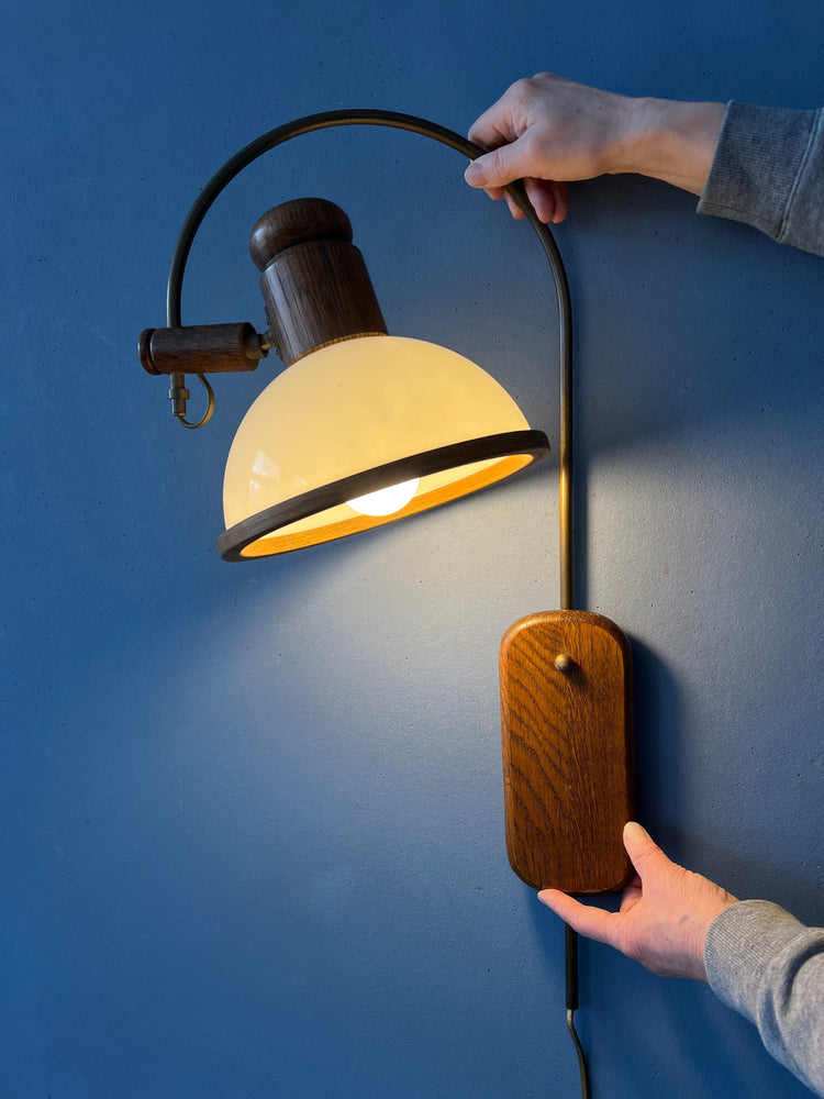 Flexible Steinhauer Mushroom Arc Wall Lamp with Wooden Frame and Plexiglass Shade