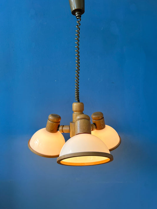 Mid Century Wooden Steinhauer Chandelier Pendant Lamp with Three Plexiglass Shades