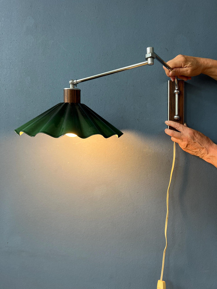 Mid Century Swing Arm Wall Lamp with Green Glass Shade