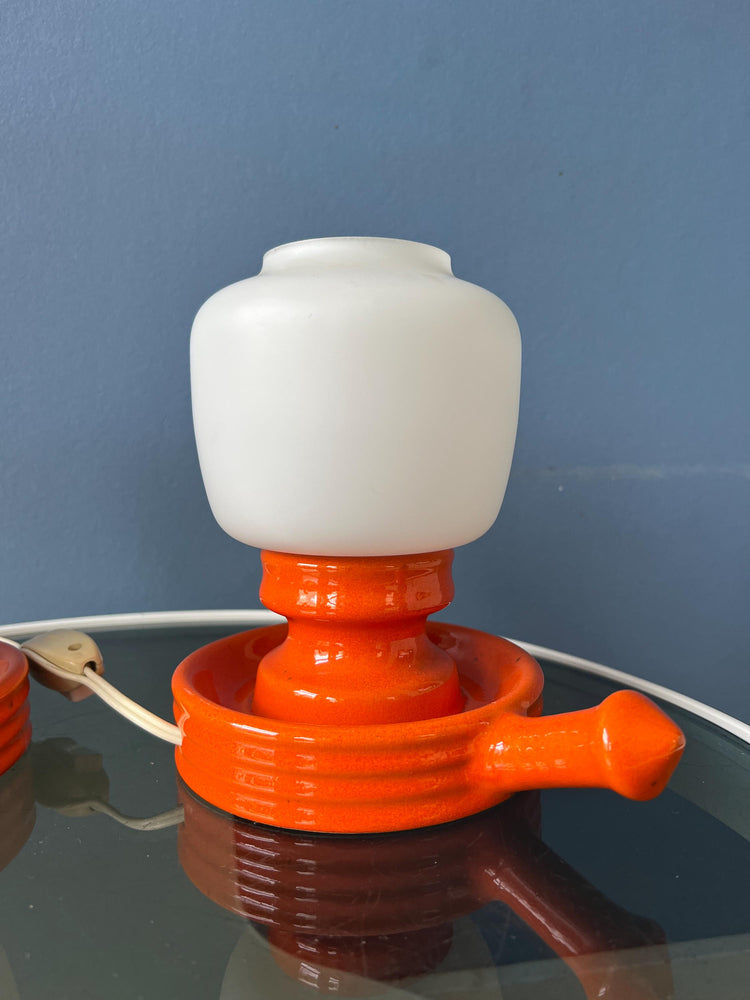 Vintage Set (2) of Orange Ceramic Opaline Glass Table Lamps