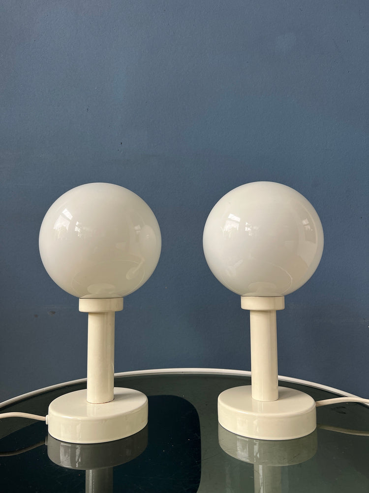 Set (2) of White Space Age Opaline Glass Table Lamps