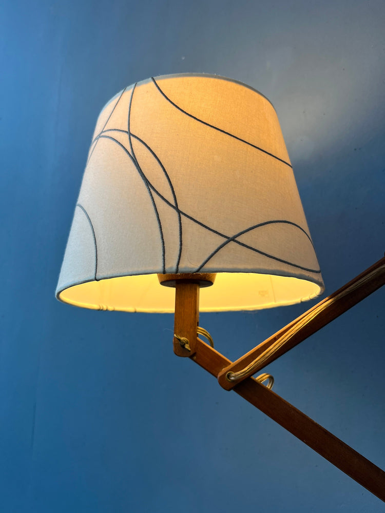 Danish Style Teak Wood Scissor Wall Lamp with Beige Shade and Black Decorative Pattern